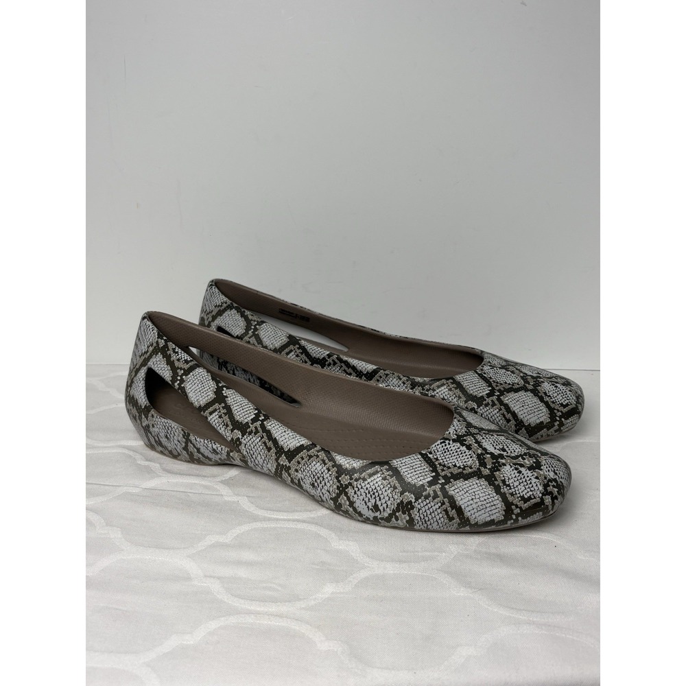 Crocs Ballet Flats Womens Size 11 Snakeskin Comfort Slip On Shoes Beige Gray
